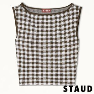 STAUD **NWT** Montgomery Cropped Knit Tank in Chocolate Brown Gingham